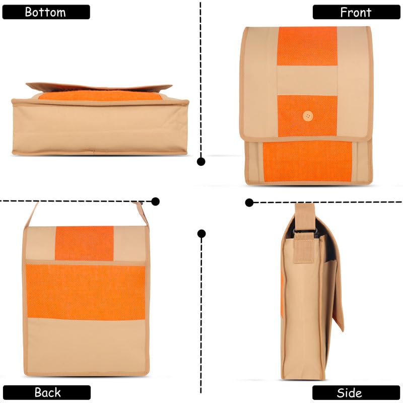 DENION Office Jute Laptop &Tablet Messenger Bag | Fits up to 12 Inch Devices | 3 Compartments | 14x12x4 Inches Eco-Friendly Professional Shoulder &Hand Bag- Orange