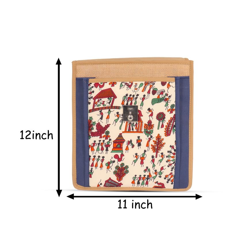DENION Office Jute Laptop &Tablet Messenger Bag | Fits up to 12 Inch Devices | 3 Compartments | 14x12x4 Inches Eco-Friendly Professional Shoulder &Hand Bag- Blue Printed