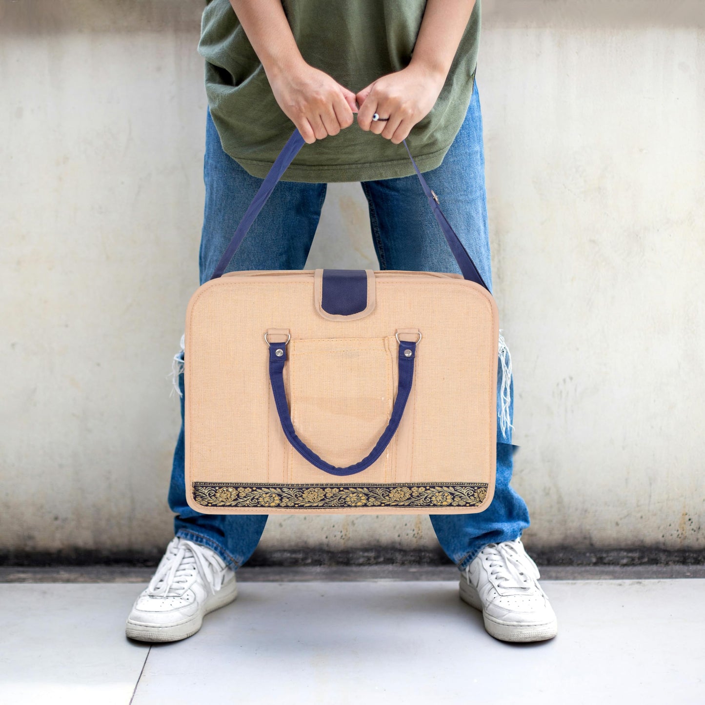 DENION Office Jute Laptop Messenger Bag for Men | Fits up to 16 Inch Laptops | 3 Compartments | 12x16x4 Inches Eco-Friendly Professional Shoulder &Hand Bag-Blue A