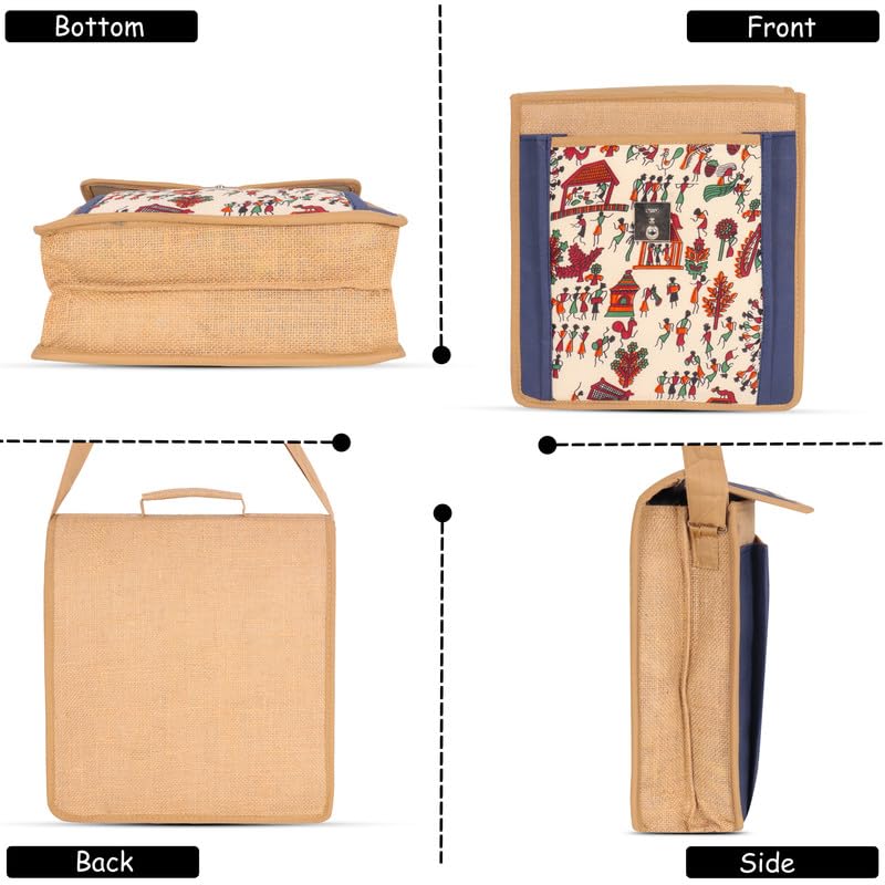 DENION Office Jute Laptop &Tablet Messenger Bag | Fits up to 12 Inch Devices | 3 Compartments | 14x12x4 Inches Eco-Friendly Professional Shoulder &Hand Bag- Blue Printed