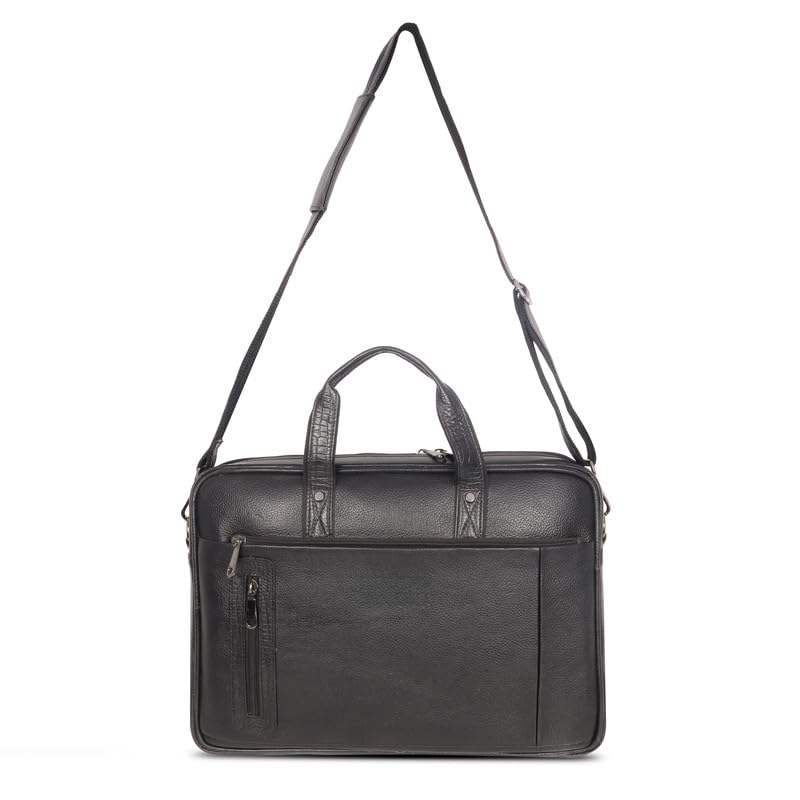 DENION Office Leather Laptop Messenger Bag for Men | Fits up to 16 Inch Laptops | 3 Compartments | 12x16x3 Inches Professional Shoulder &Hand Bag – Black Design 2