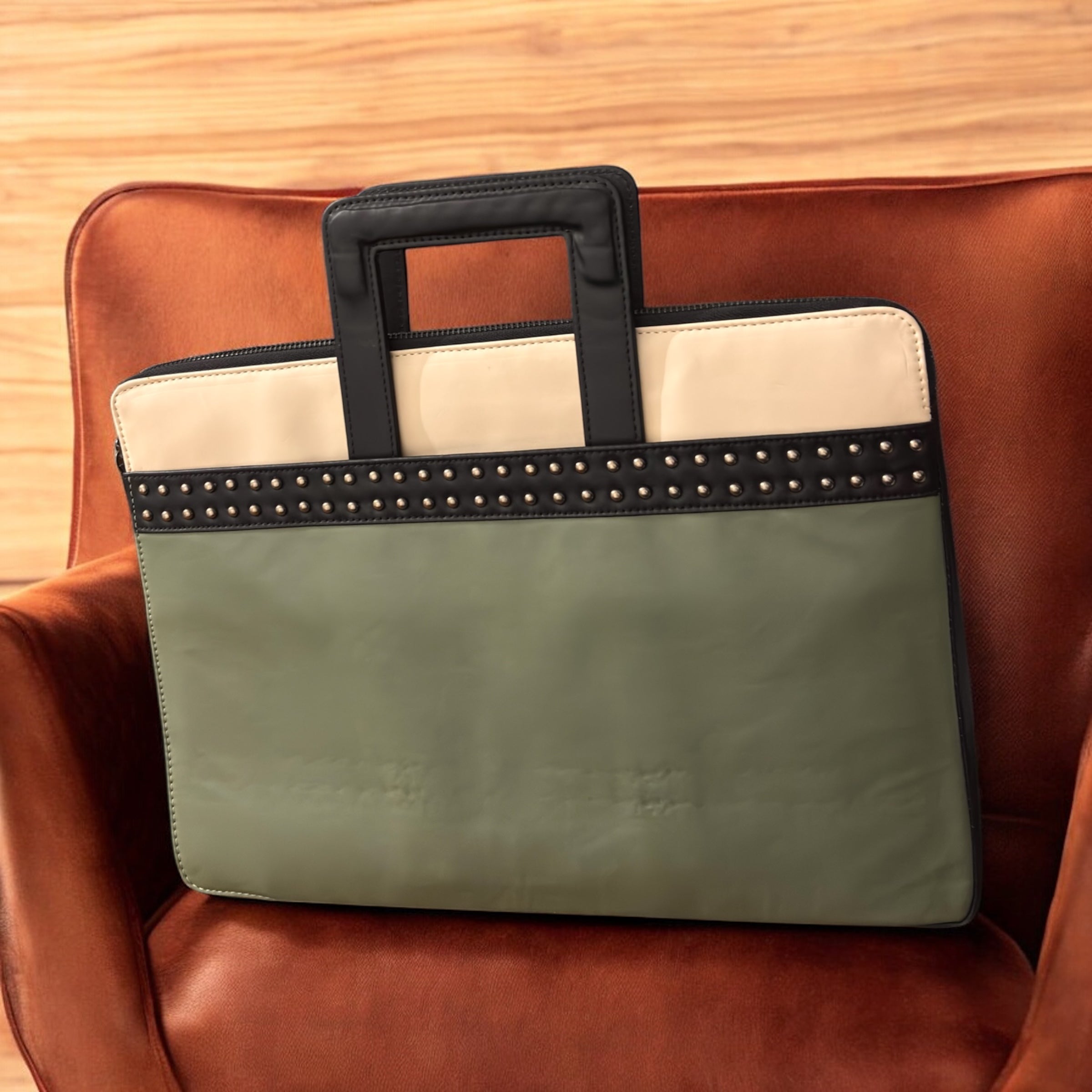 Denion Premium Leather Document & Laptop Sleeve – Green & Beige Organizer Bag with Handles and Studded Detailing