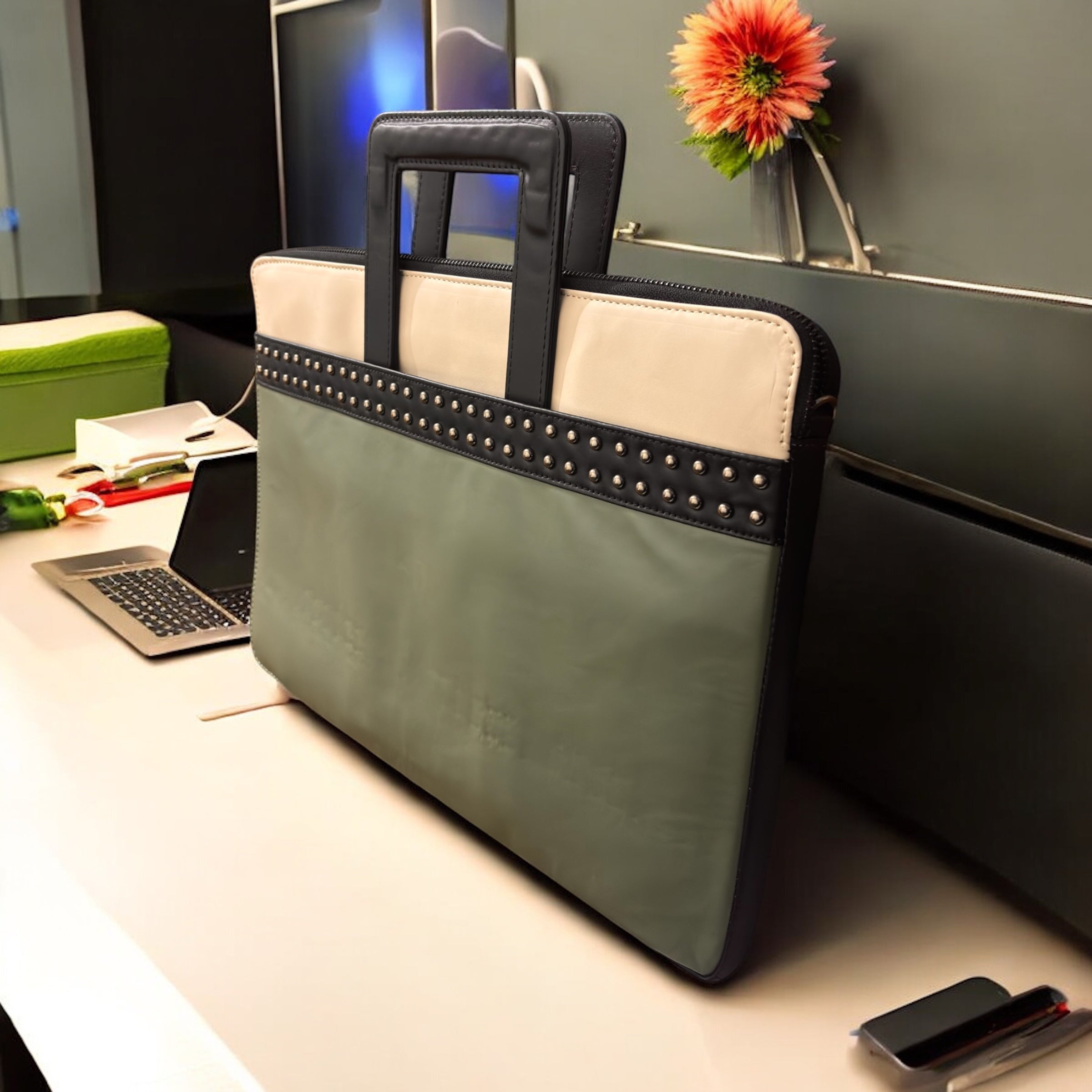 Denion Premium Leather Document & Laptop Sleeve – Green & Beige Organizer Bag with Handles and Studded Detailing