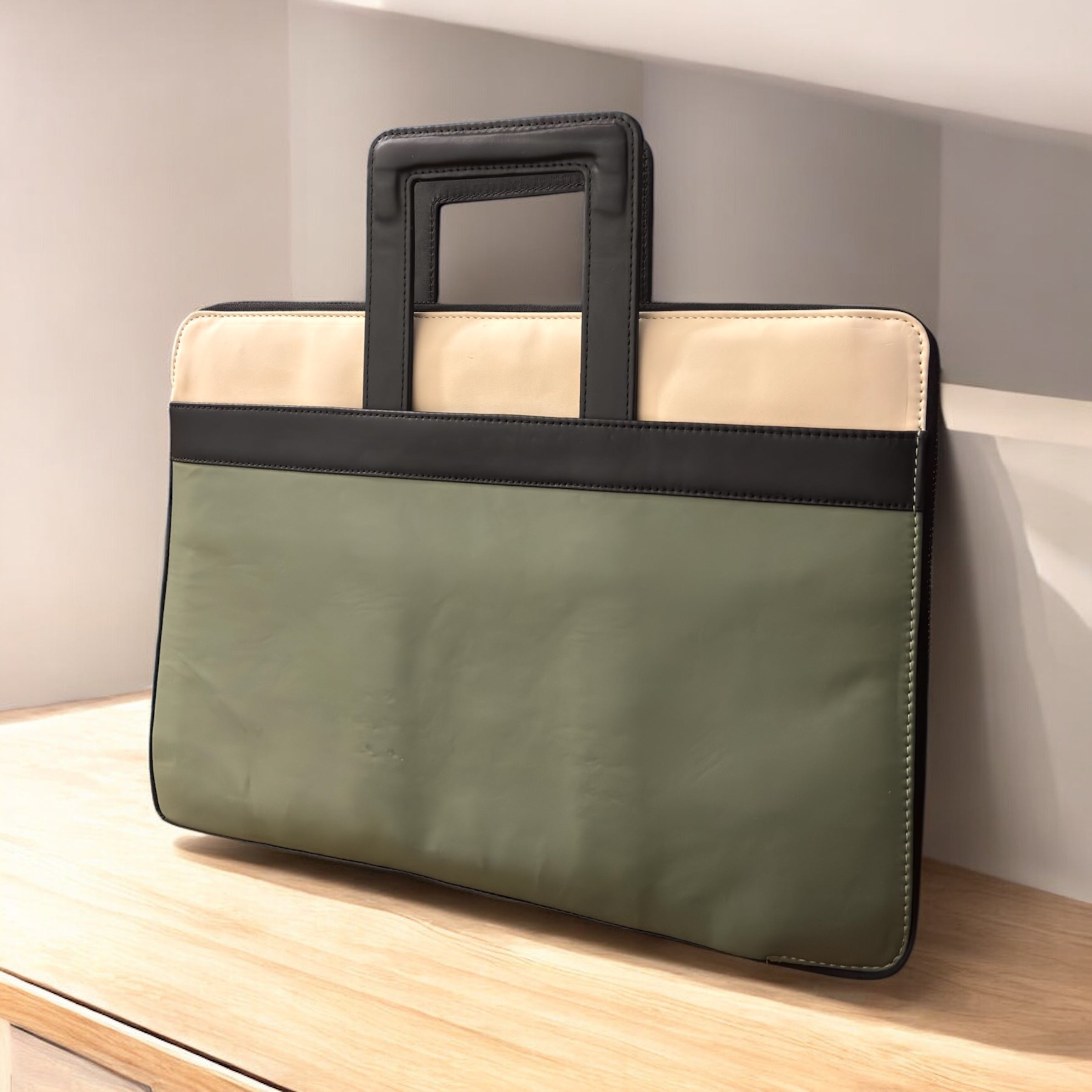 Denion Premium Leather Document & Laptop Sleeve – Green & Beige Organizer Bag with Handles and Studded Detailing