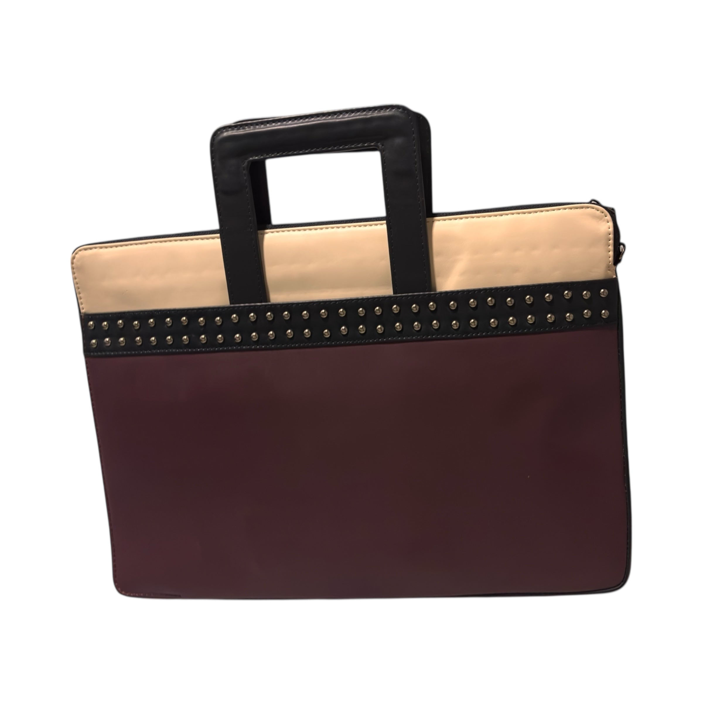 Denion Premium Leather Laptop & Document Sleeve – Maroon & Beige Organizer Bag with Hidden Handles & Studded Detailing
