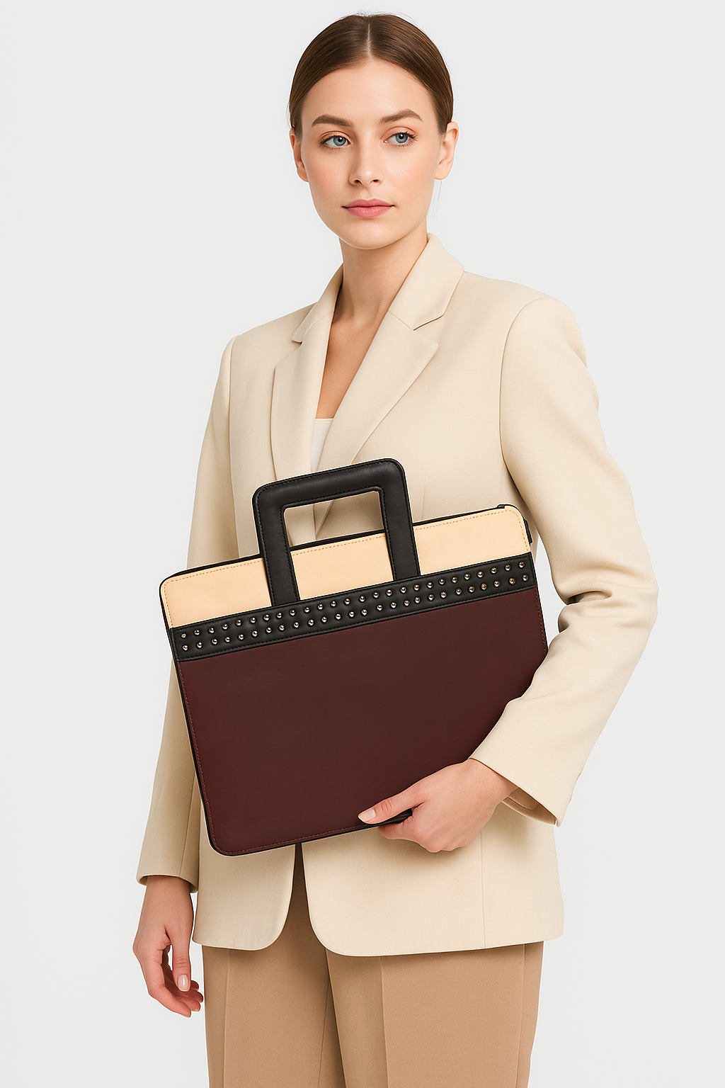 Denion Premium Leather Laptop & Document Sleeve – Maroon & Beige Organizer Bag with Hidden Handles & Studded Detailing