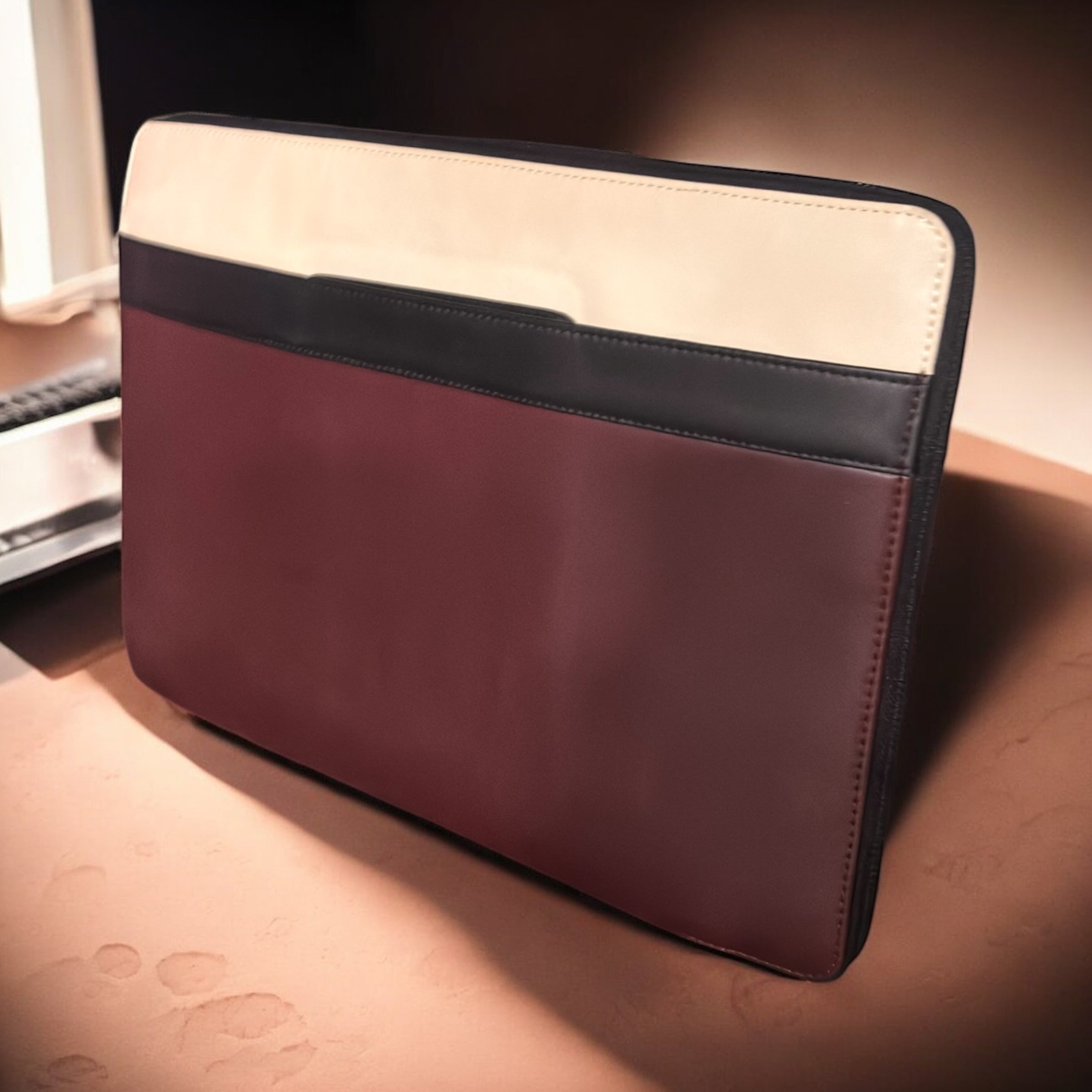 Denion Premium Leather Laptop & Document Sleeve – Maroon & Beige Organizer Bag with Hidden Handles & Studded Detailing