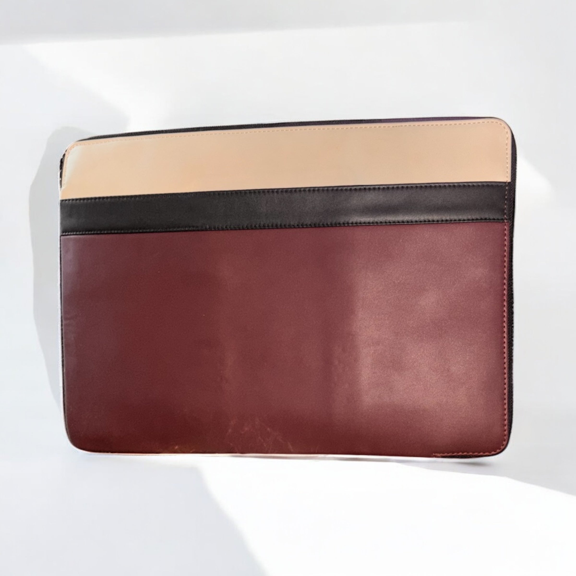 Denion Premium Leather Laptop & Document Sleeve – Maroon & Beige Organizer Bag with Hidden Handles & Studded Detailing