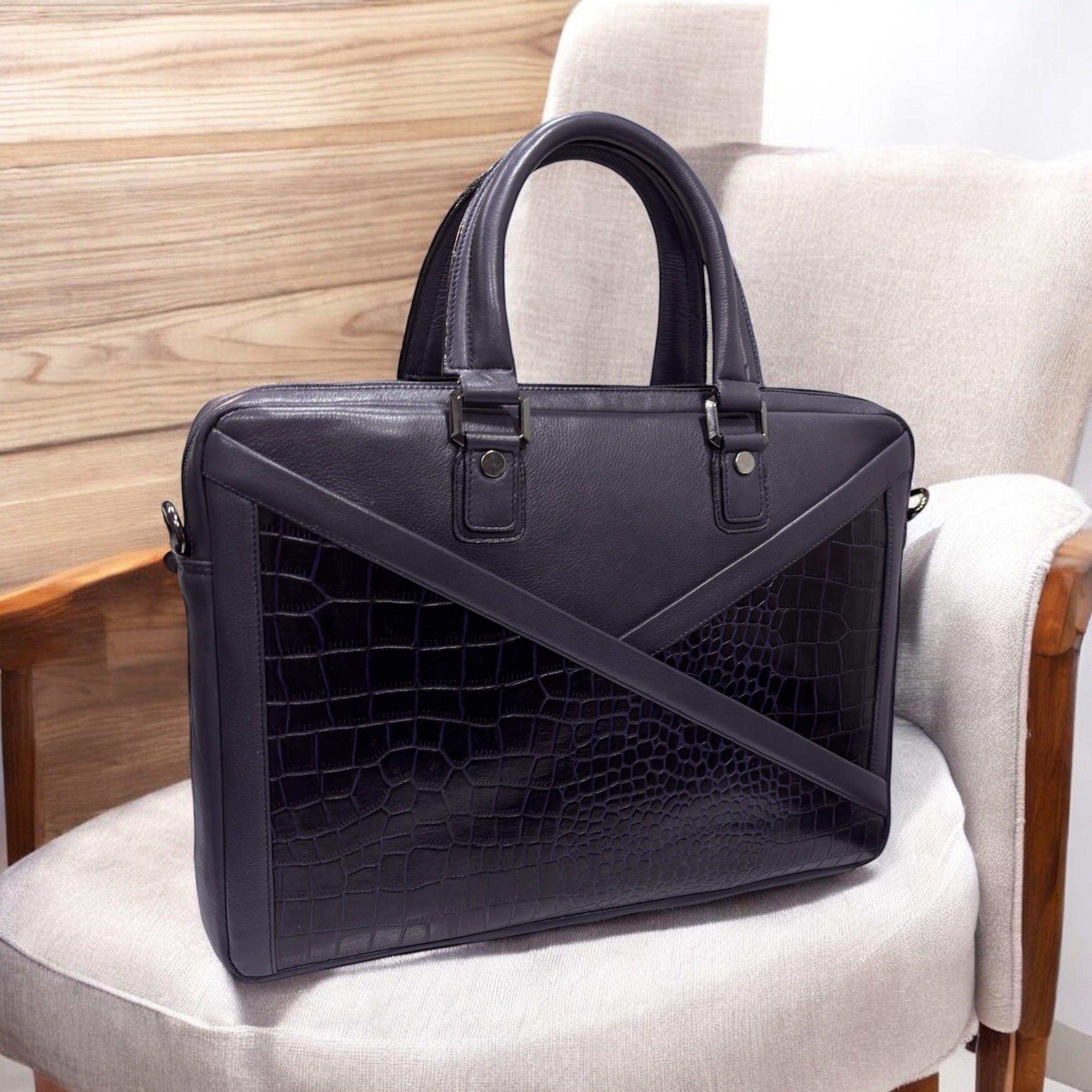 Denion Croc-Textured Leather Laptop Bag – Premium Executive Office Briefcase with Dual Handles & Shoulder Strap
