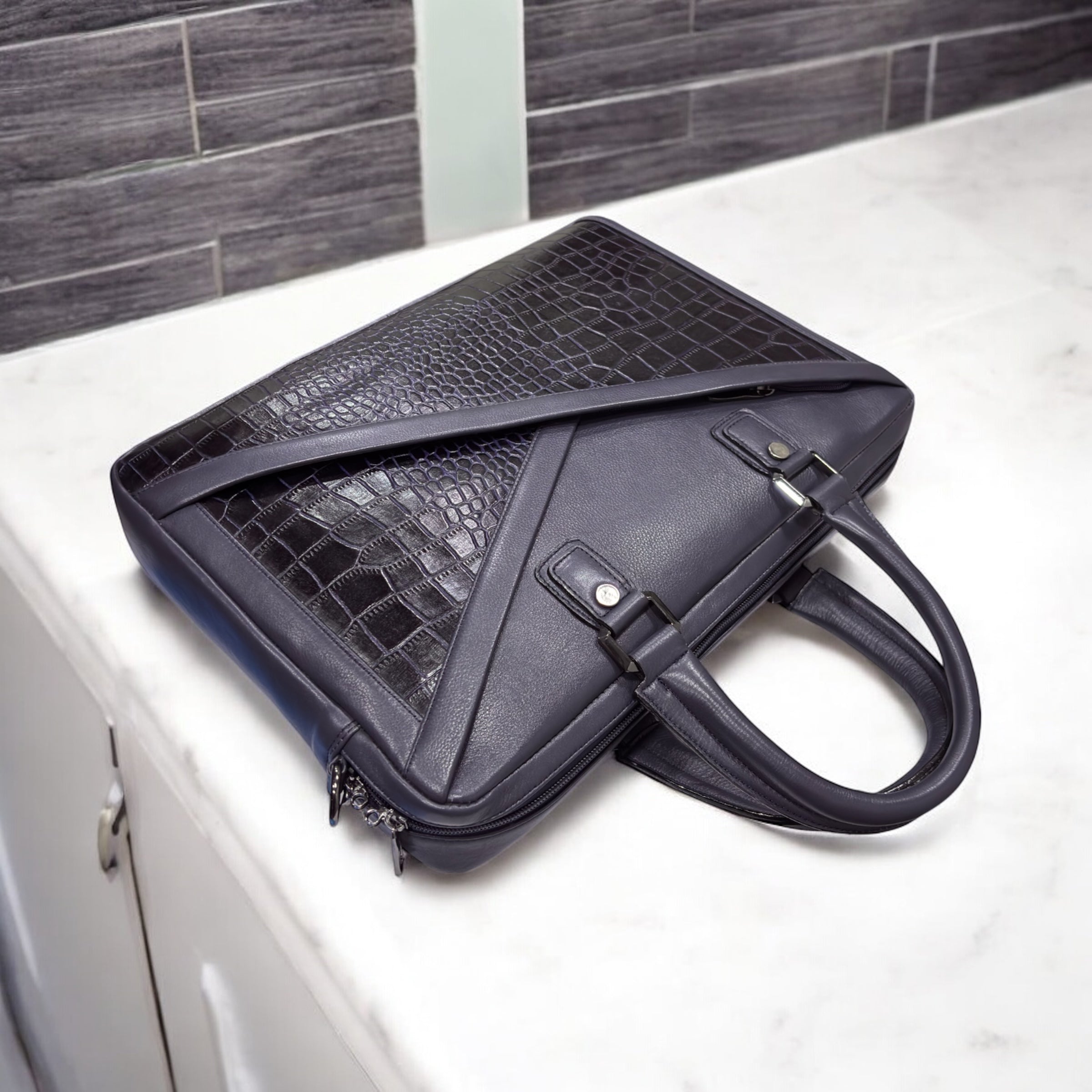 Denion Croc-Textured Leather Laptop Bag – Premium Executive Office Briefcase with Dual Handles & Shoulder Strap