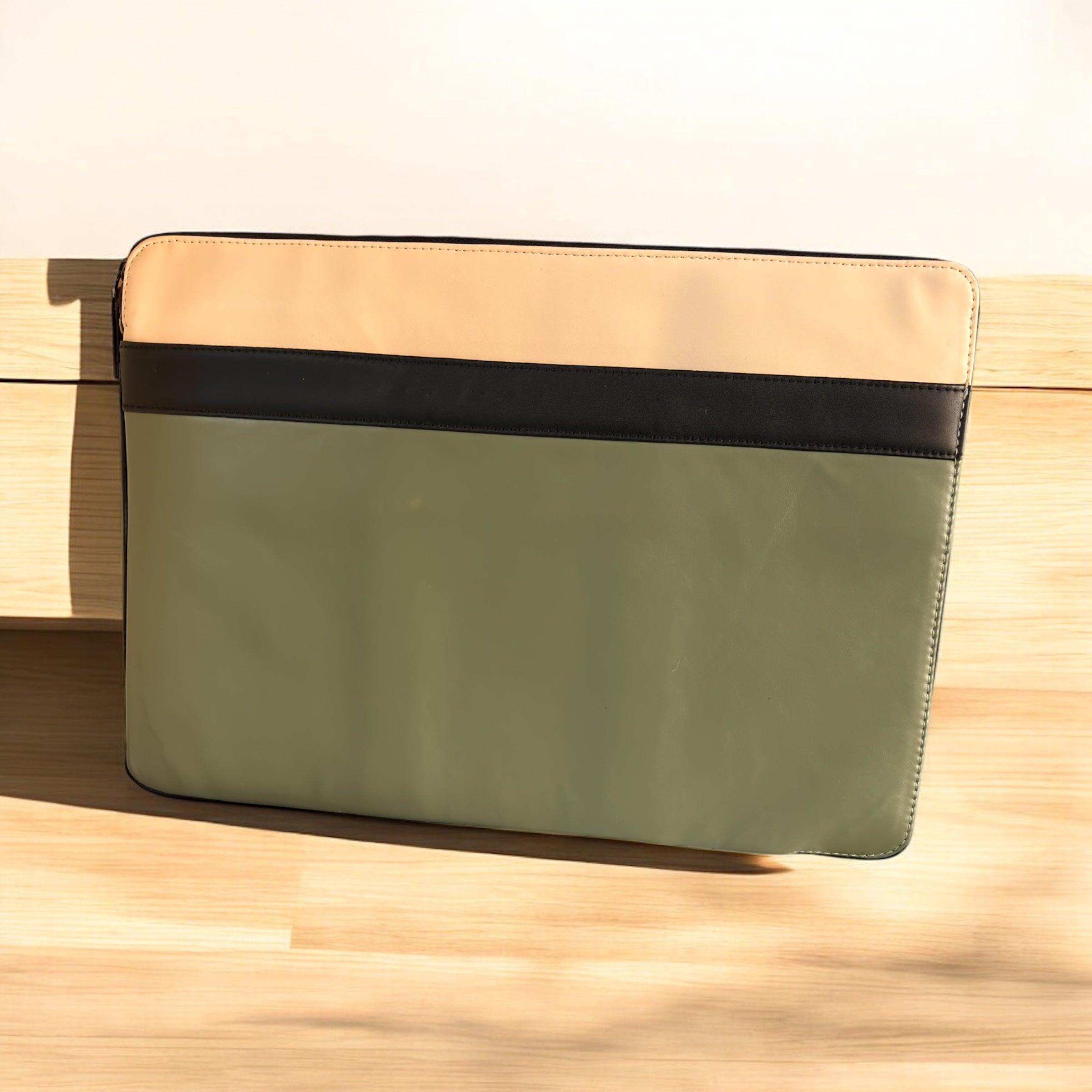 Denion Premium Leather Document & Laptop Sleeve – Green & Beige Organizer Bag with Handles and Studded Detailing