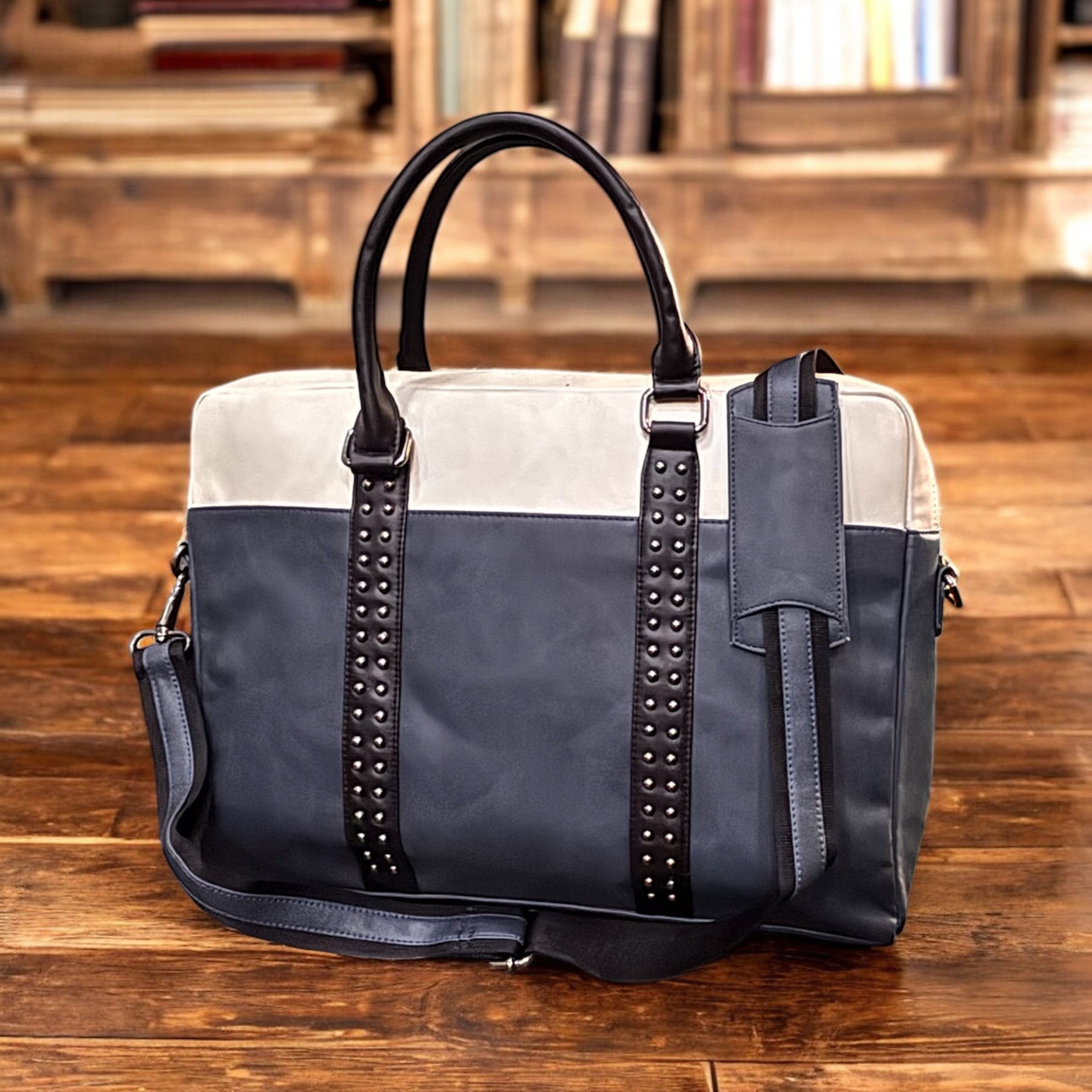 Denion Premium Leather Laptop Bag for Men & Women – Two-Tone Navy Blue & Beige Office Briefcase with Shoulder Strap