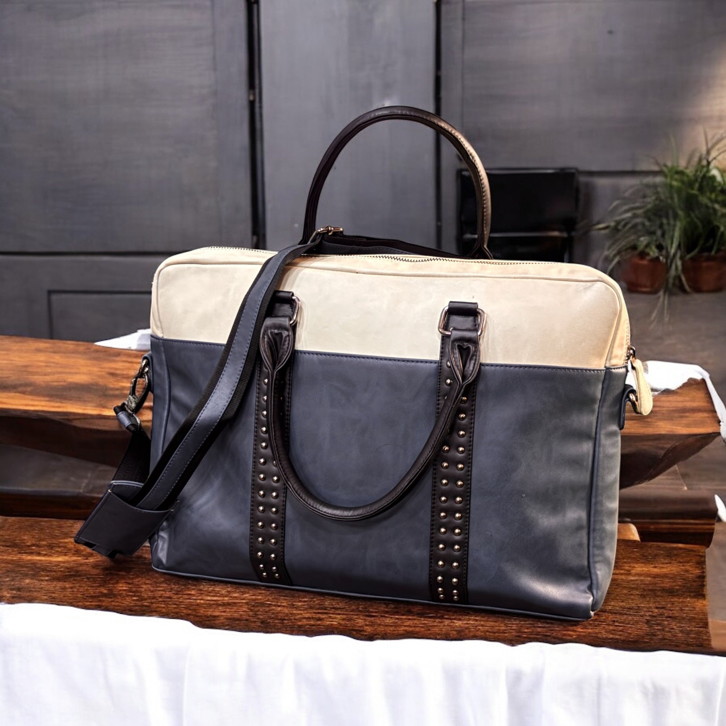 Denion Premium Leather Laptop Bag for Men & Women – Two-Tone Navy Blue & Beige Office Briefcase with Shoulder Strap