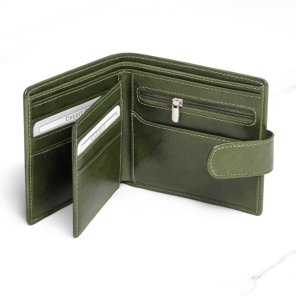 Denion Premium Green Leather Wallet for Men – Bi-Fold Design with Button Closure