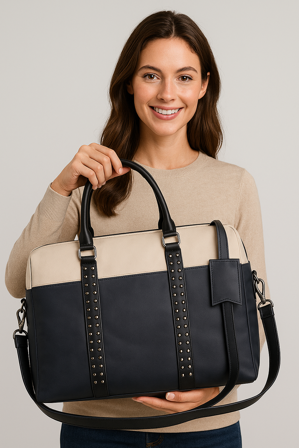 Denion Premium Leather Laptop Bag for Men & Women – Two-Tone Navy Blue & Beige Office Briefcase with Shoulder Strap