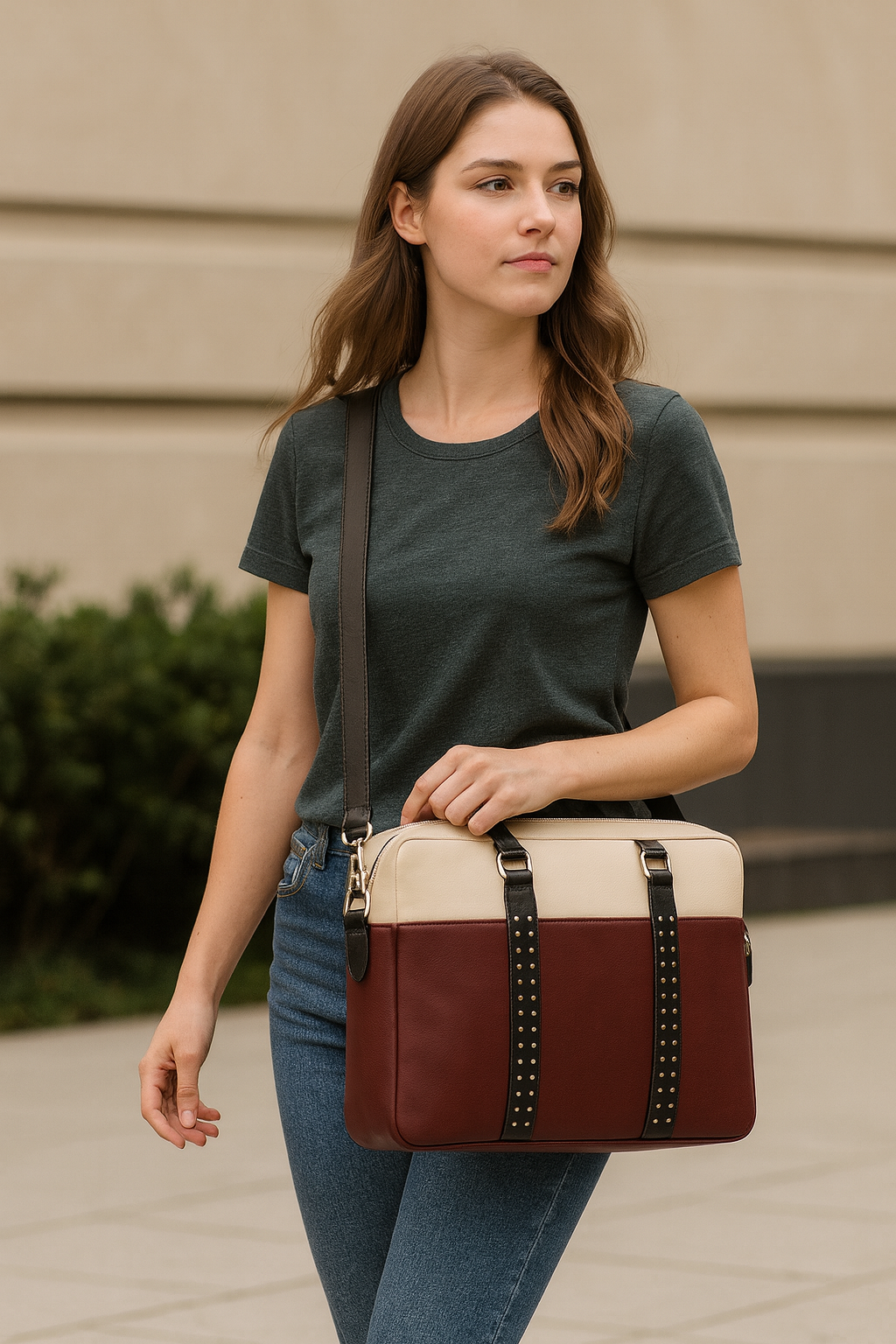 Denion Two-Tone Leather Laptop Bag – Premium Office Briefcase with Shoulder Strap for Men & Women