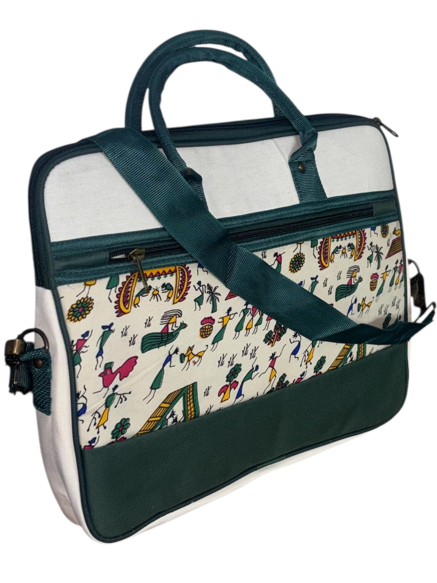 DENION Office Jute Laptop Messenger Bag for Men | Fits up to 16 Inch Laptops | 3 Compartments | 12x16x4 Inches Eco-Friendly Professional Shoulder &Hand Bag-Green Printed A