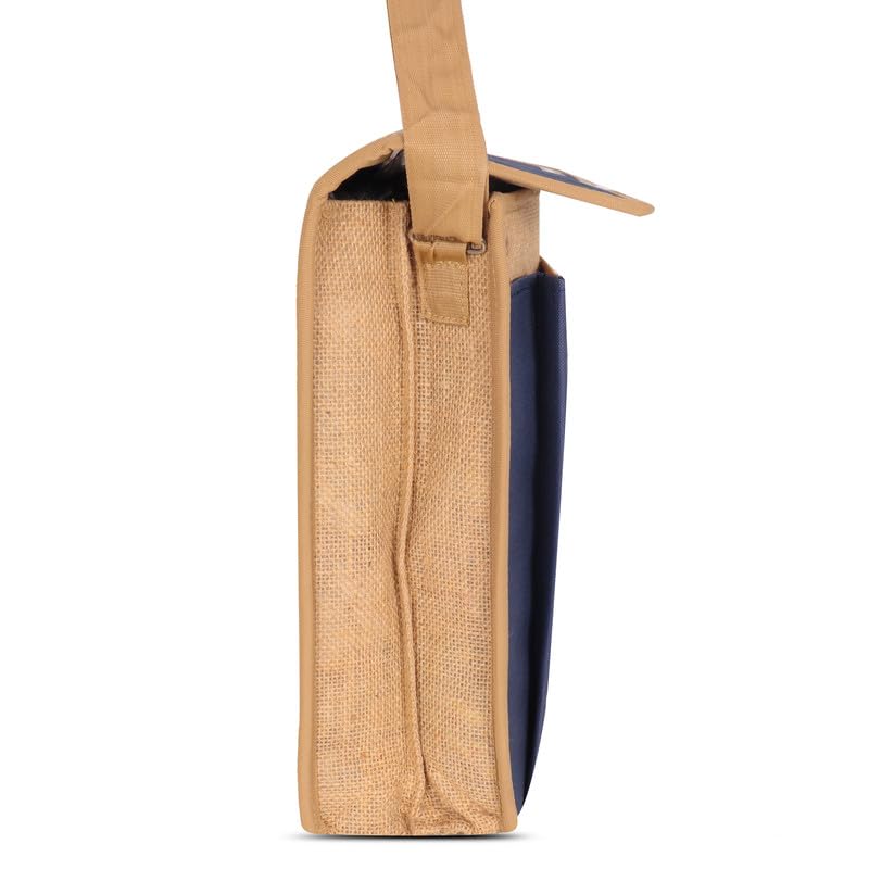 DENION Office Jute Laptop &Tablet Messenger Bag | Fits up to 12 Inch Devices | 3 Compartments | 14x12x4 Inches Eco-Friendly Professional Shoulder &Hand Bag- Blue Printed