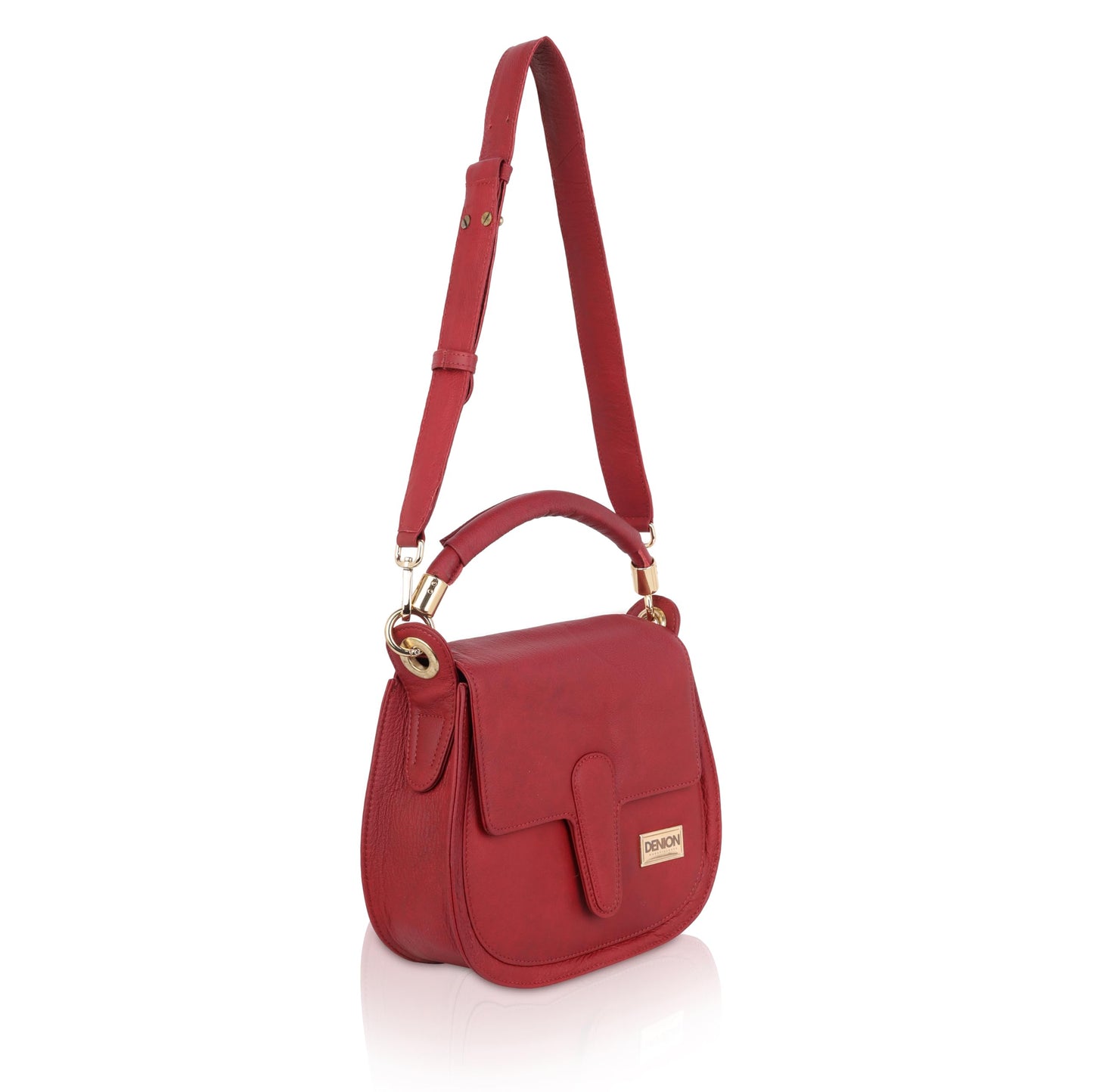 DENION Ladies Leather Handbag, 20x20x8 cm, Red, Premium Hardware with Adjustable Strap