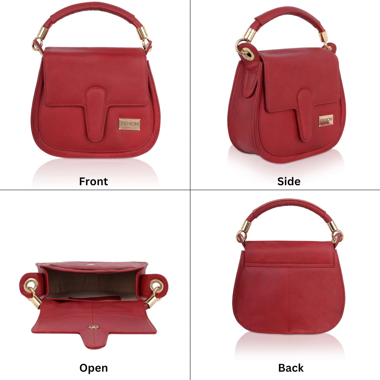 DENION Ladies Leather Handbag, 20x20x8 cm, Red, Premium Hardware with Adjustable Strap