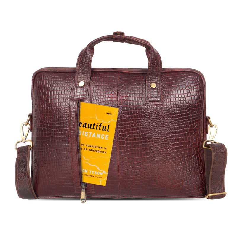DENION Office Leather Laptop Messenger Bag for Men | Fits up to 16 Inch Laptops | 3 Compartments | 12x16x3 Inches Shoulder &Hand Bag – Brown Design 4