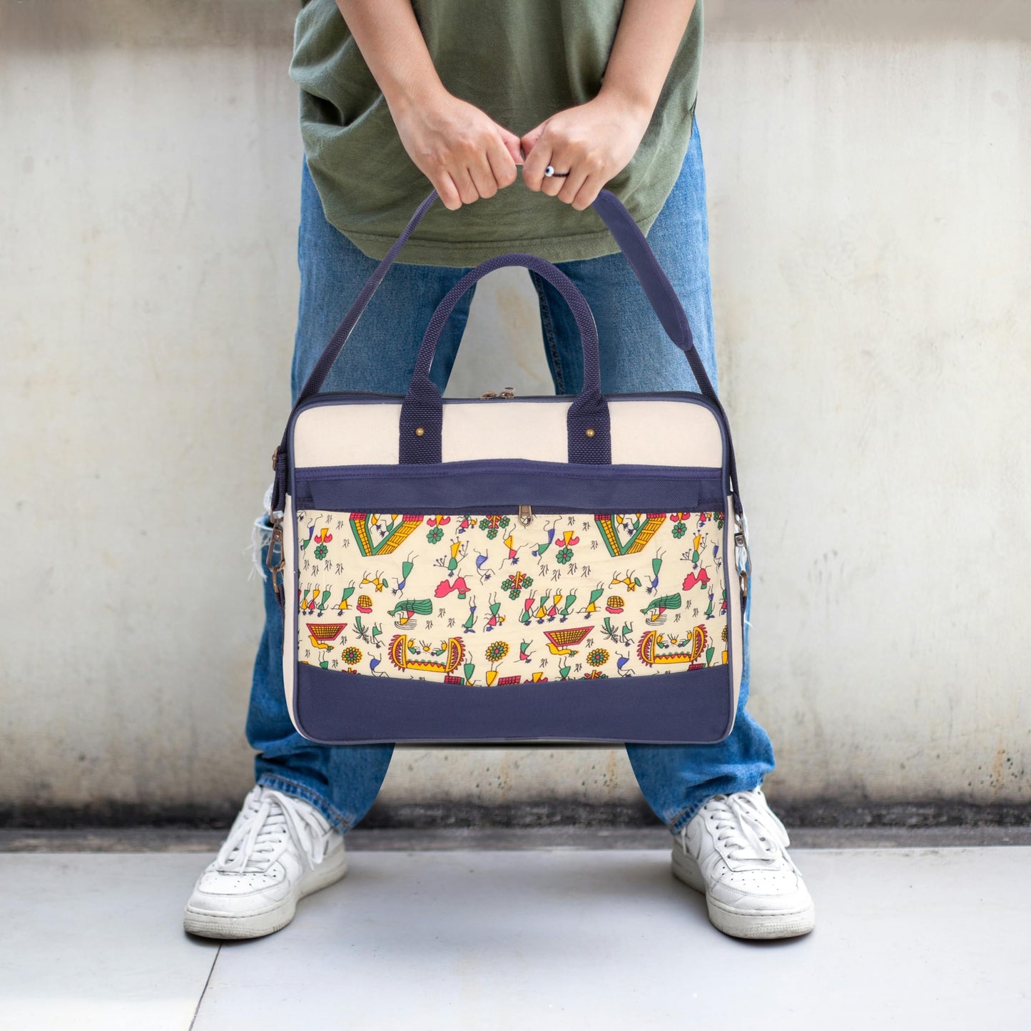 DENION Office Jute Laptop Messenger Bag for Men | Fits up to 16 Inch Laptops | 3 Compartments | 12x16x4 Inches Eco-Friendly Professional Shoulder &Hand Bag-Blue Printed A