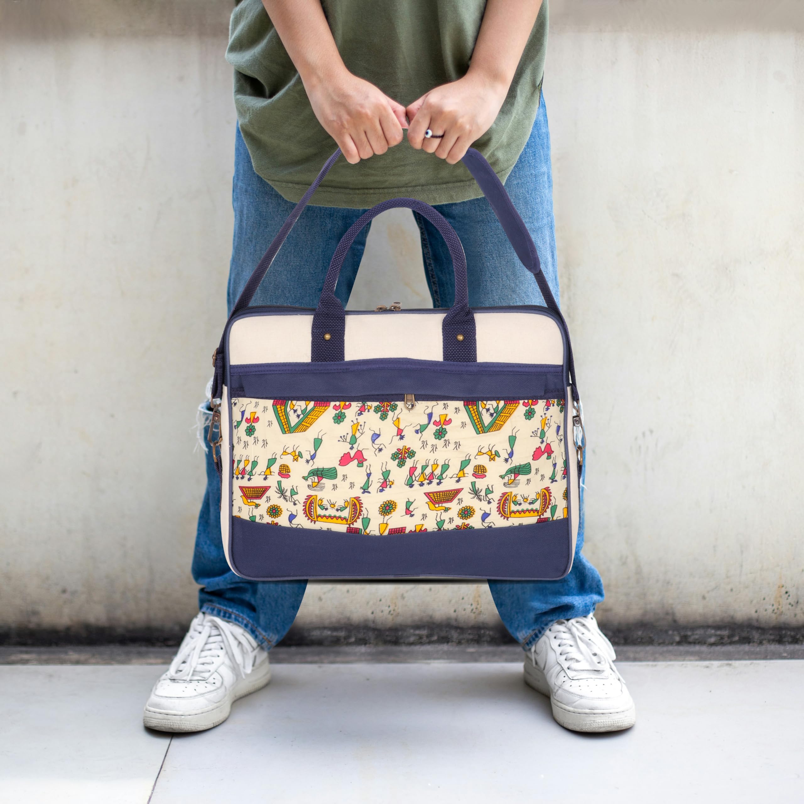 DENION Office Jute Laptop Messenger Bag for Men | Fits up to 16 Inch Laptops | 3 Compartments | 12x16x4 Inches Eco-Friendly Professional Shoulder &Hand Bag-Blue Printed A