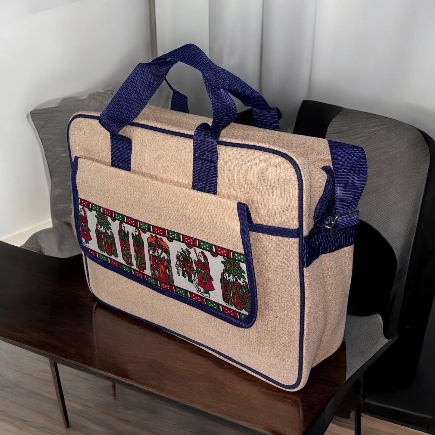 DENION Office Jute Laptop Messenger Bag for Men | Fits up to 16 Inch Laptops | 3 Compartments | 12x16x4 Inches Eco-Friendly Professional Shoulder &Hand Bag-Blue Printed B