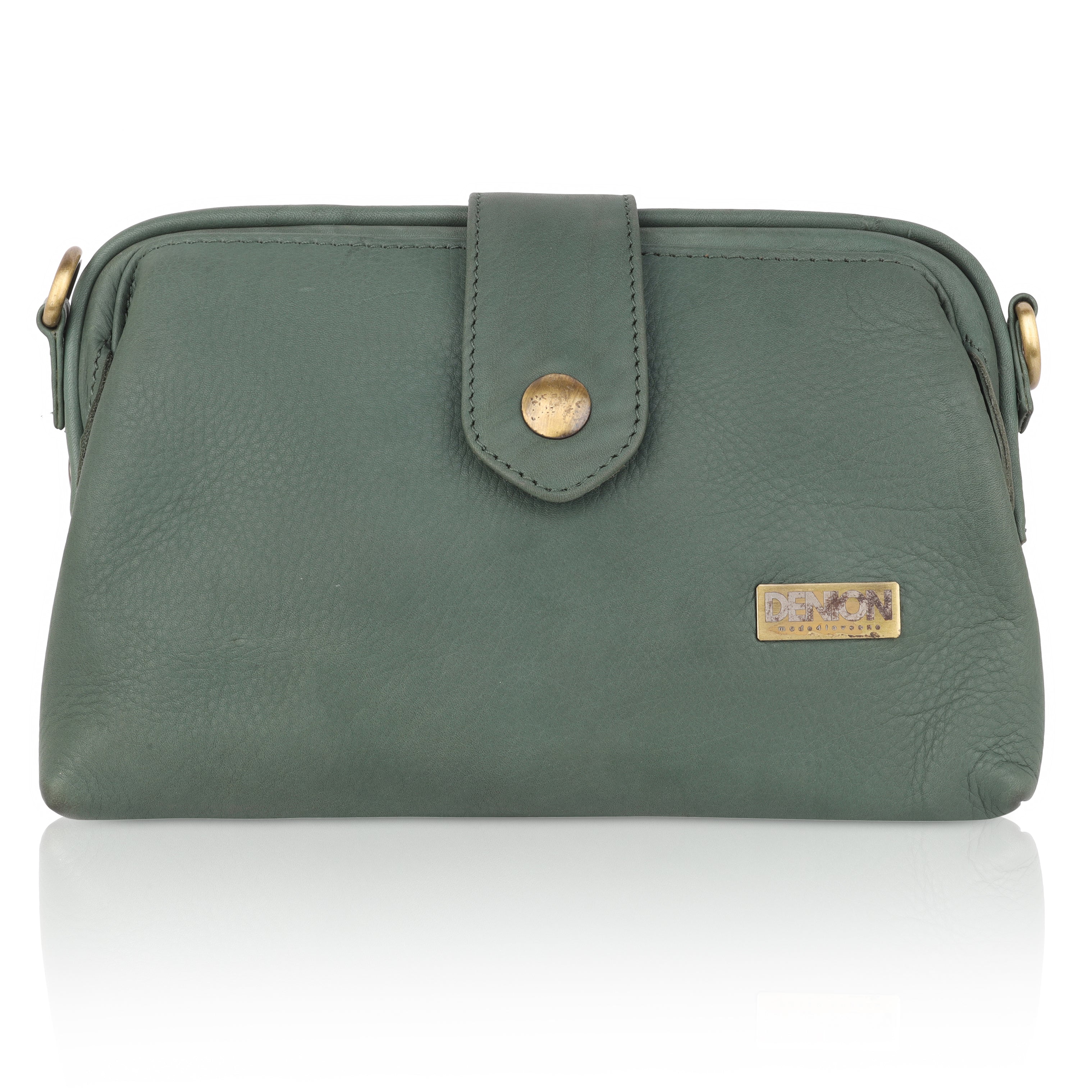 Denion Women’s Green Leather Sling & Crossbody Bag – Compact Shoulder Handbag with Vintage Gold Detailing