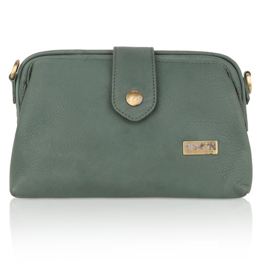 Denion Women’s Green Leather Sling & Crossbody Bag – Compact Shoulder Handbag with Vintage Gold Detailing