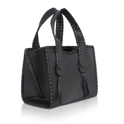 Denion Stylish Black Leather Tote – Handwoven Design Shoulder & Handbag for Women