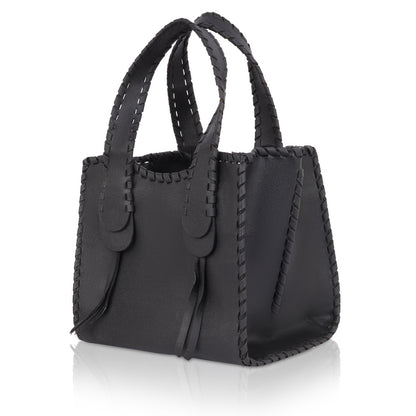 Denion Stylish Black Leather Tote – Handwoven Design Shoulder & Handbag for Women