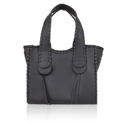 Denion Stylish Black Leather Tote – Handwoven Design Shoulder & Handbag for Women