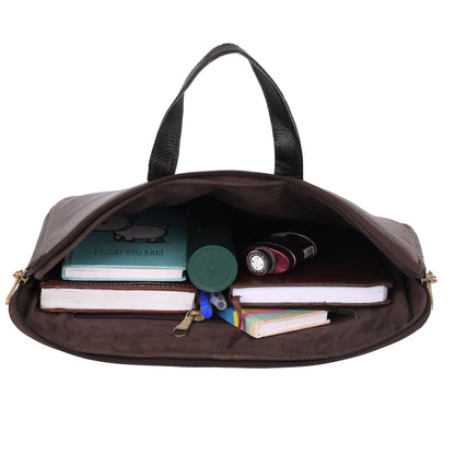 Denion Classic Brown Leather Laptop Bag with Dual Handles