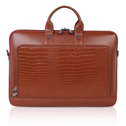 Premium Tan Leather Laptop Bag with Crocodile Design – Denion Business Collection