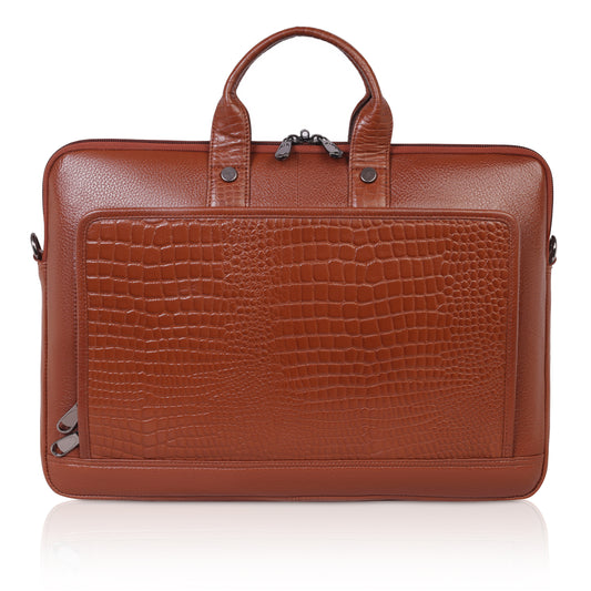 Premium Tan Leather Laptop Bag with Crocodile Design – Denion Business Collection