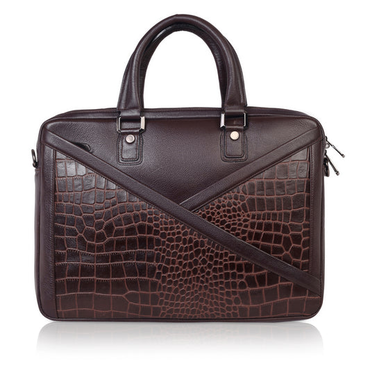 Denion 16-Inch Genuine Leather Laptop Bag – Crocodile Textured Design, Brown