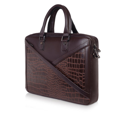 Denion 16-Inch Genuine Leather Laptop Bag – Crocodile Textured Design, Brown