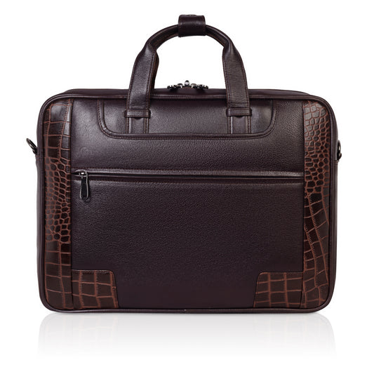 Luxury Dark Brown Leather Laptop Bag with Crocodile-Embossed Design – 16 Inch Business Bag