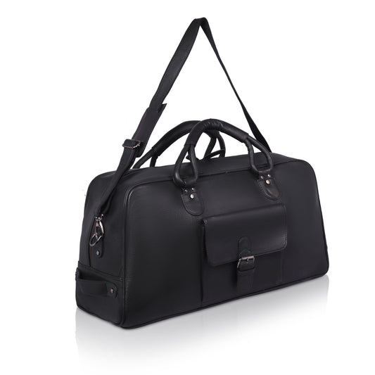 Denion Classic Black Leather Travel Duffel Bag with Shoulder Strap – Spacious Overnight & Weekender Bag"