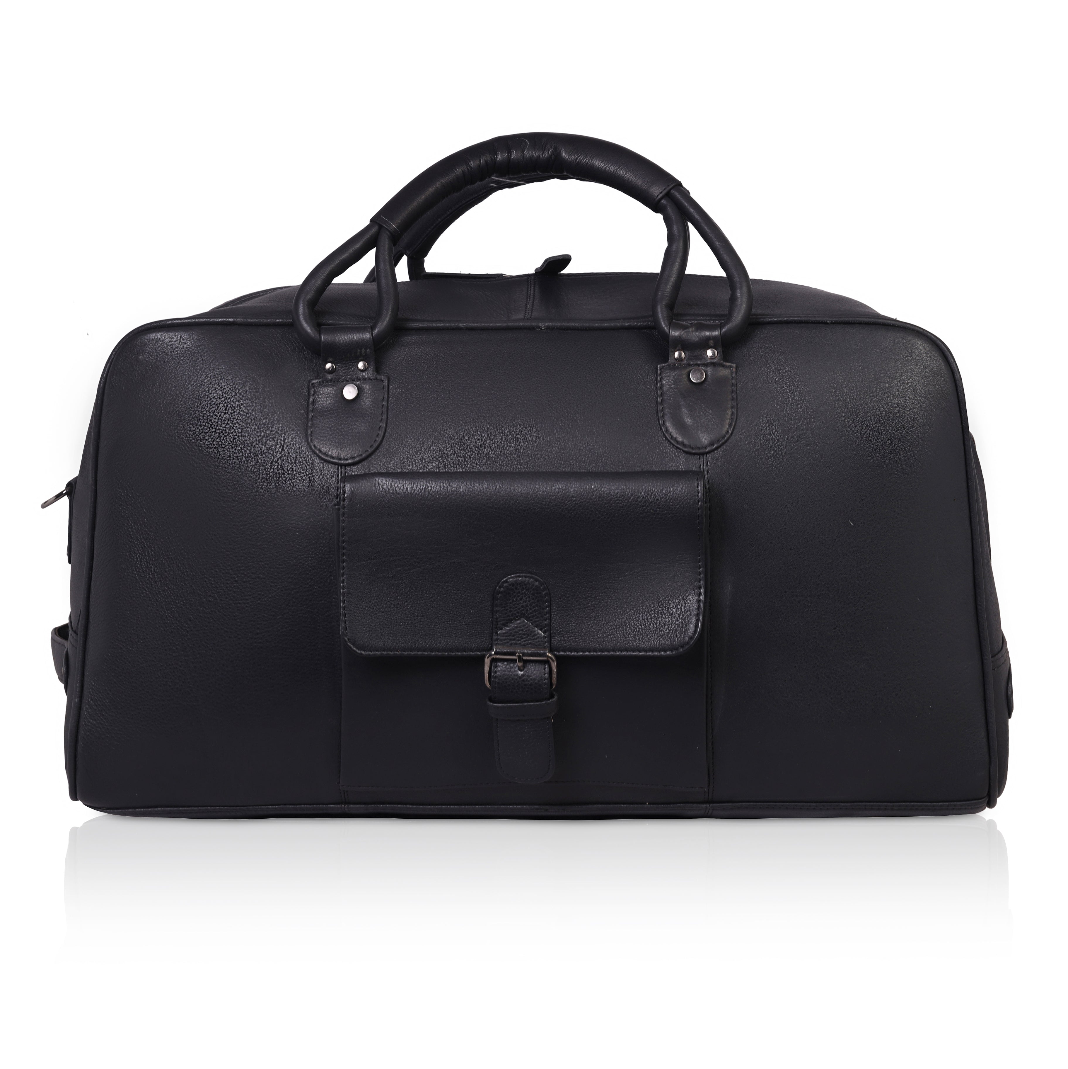 Denion Classic Black Leather Travel Duffel Bag with Shoulder Strap – Spacious Overnight & Weekender Bag"