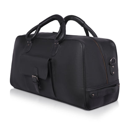 Denion Classic Black Leather Travel Duffel Bag with Shoulder Strap – Spacious Overnight & Weekender Bag"