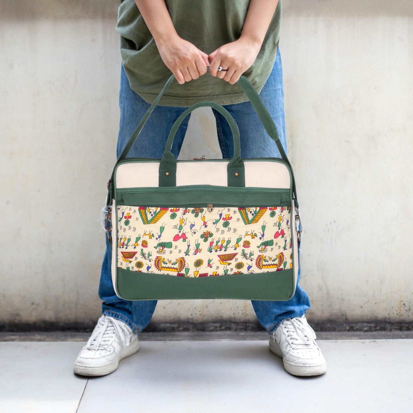 DENION Office Jute Laptop Messenger Bag for Men | Fits up to 16 Inch Laptops | 3 Compartments | 12x16x4 Inches Eco-Friendly Professional Shoulder &Hand Bag-Green Printed A