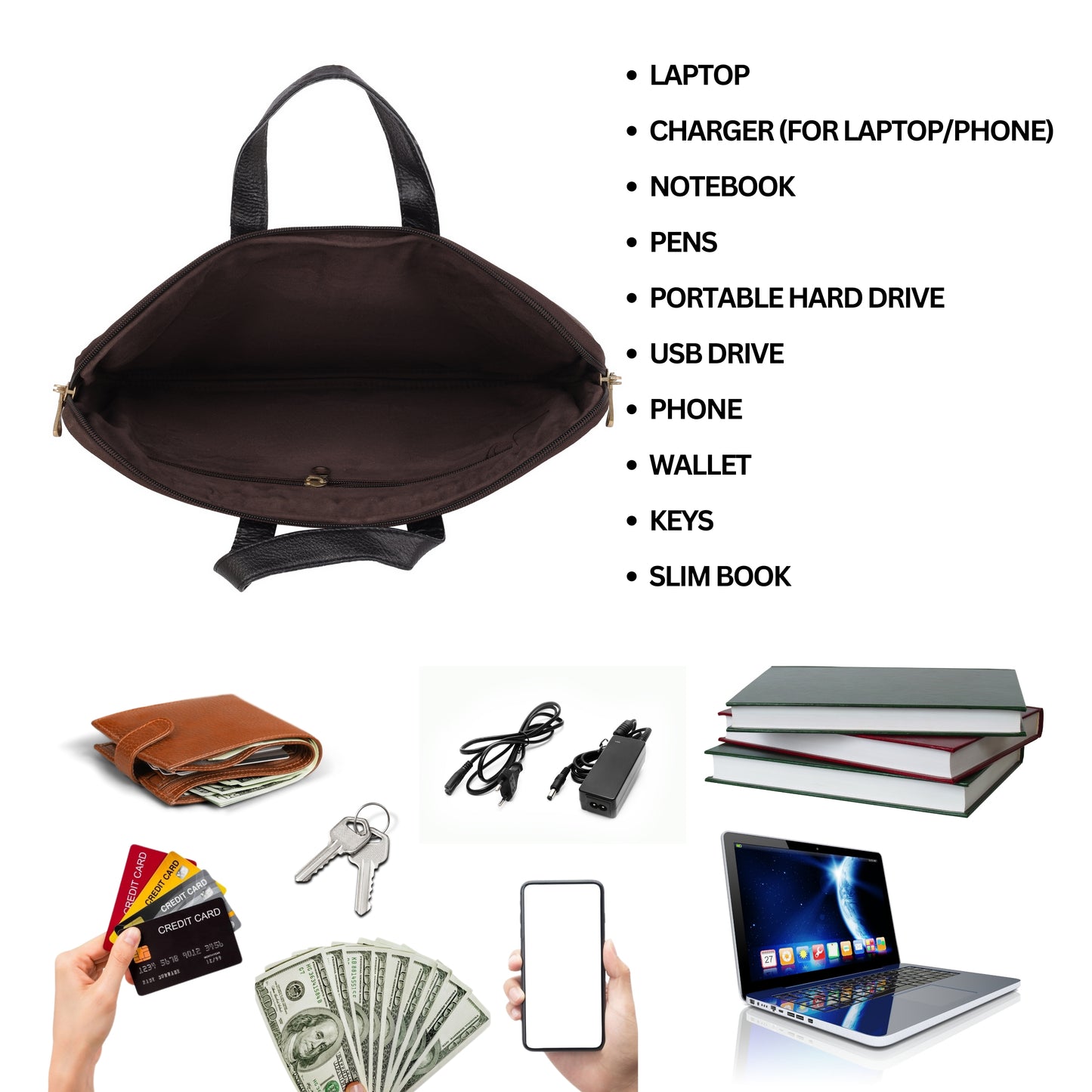 Denion Classic Brown Leather Laptop Bag with Dual Handles