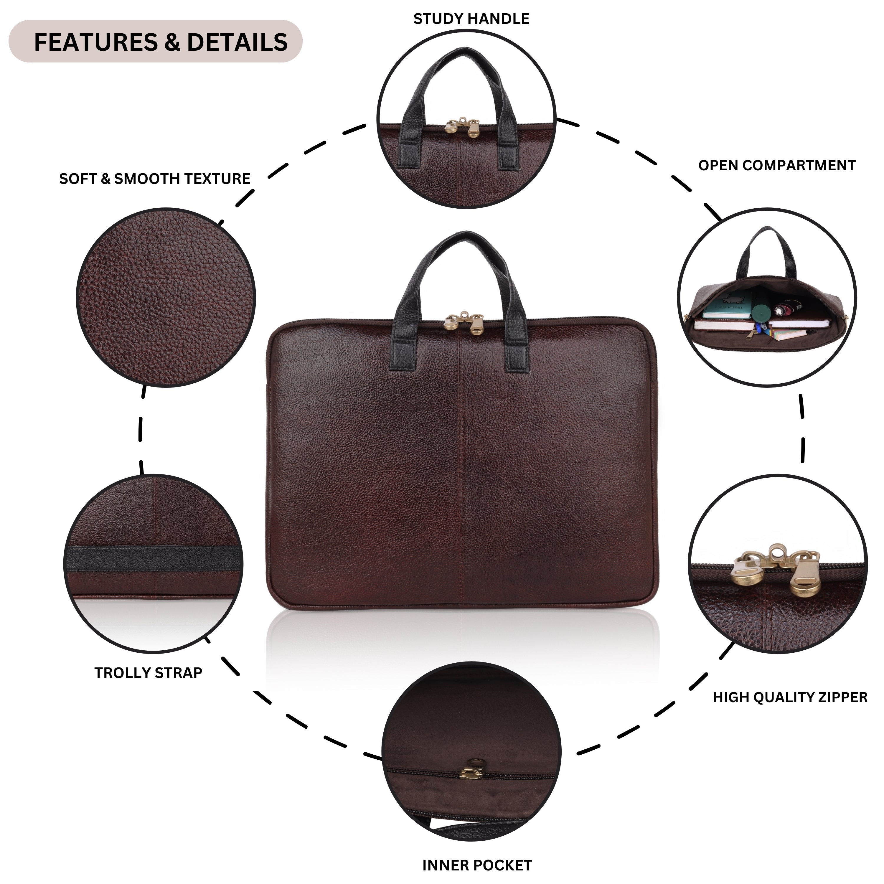 Denion Classic Brown Leather Laptop Bag with Dual Handles