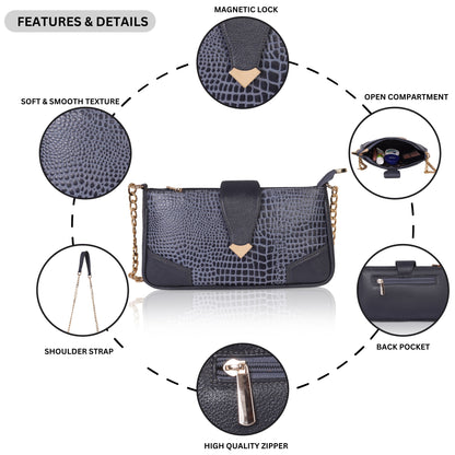 👜 Denion Elegant Croc-Textured Leather Sling Bag – Stylish Shoulder & Crossbody Bag with Gold Chain for Women