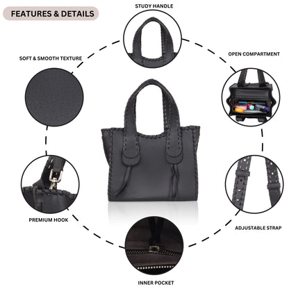Denion Stylish Black Leather Tote – Handwoven Design Shoulder & Handbag for Women