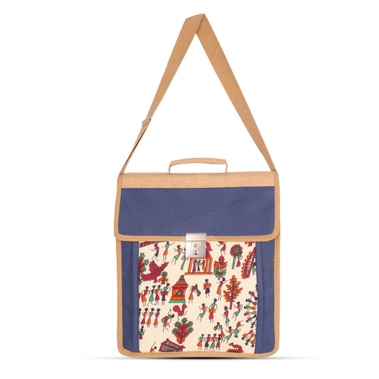 DENION Office Jute Laptop &Tablet Messenger Bag | Fits up to 12 Inch Devices | 3 Compartments | 14x12x4 Inches Eco-Friendly Professional Shoulder &Hand Bag- Blue Printed