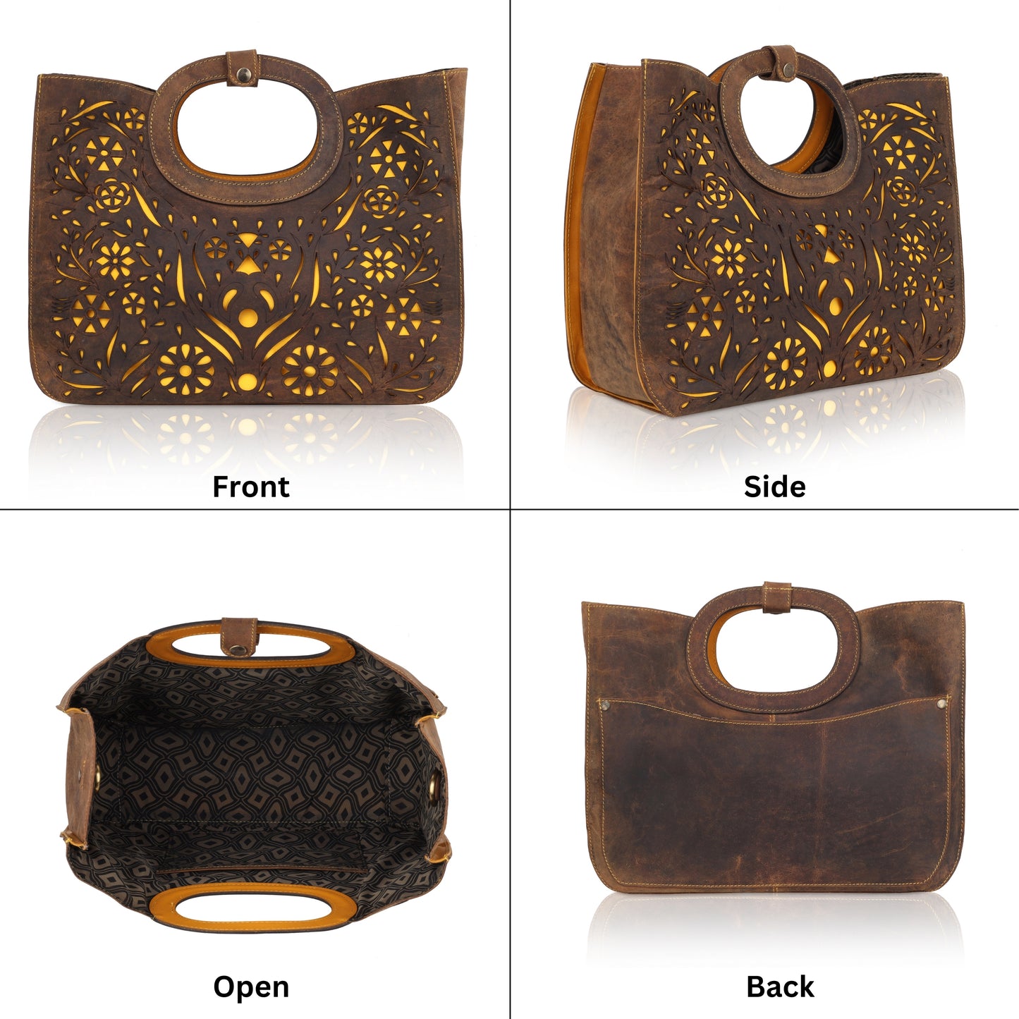 This unique tote bag features an intricate laser-cut floral pattern on rich brown leather, with a golden inner lining that shines through the cutwork for a striking effect