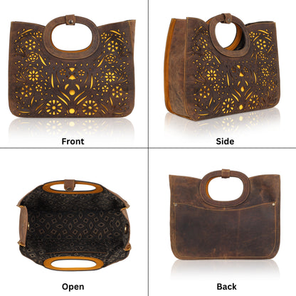 This unique tote bag features an intricate laser-cut floral pattern on rich brown leather, with a golden inner lining that shines through the cutwork for a striking effect